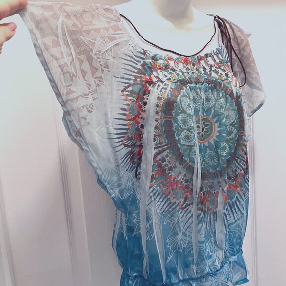 Bongo-Women's Sheer Short Flowy Sleeves Top-Necklace Built in-Med-Blue Boho - Picture 6 of 16